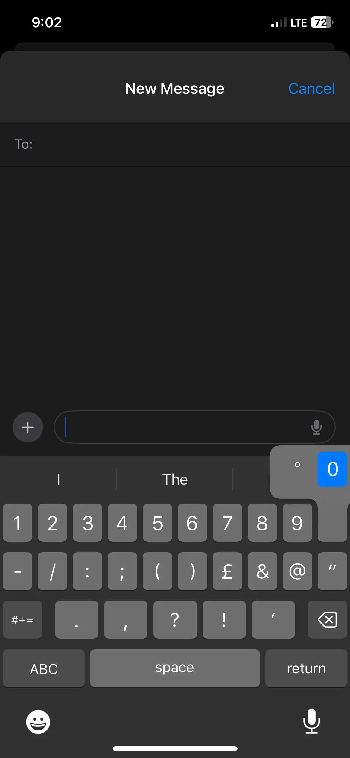 Menu tùy chọn xuất hiện khi giữ phím số 0 trên bàn phím iPhone, cho phép chèn ký hiệu độ.
