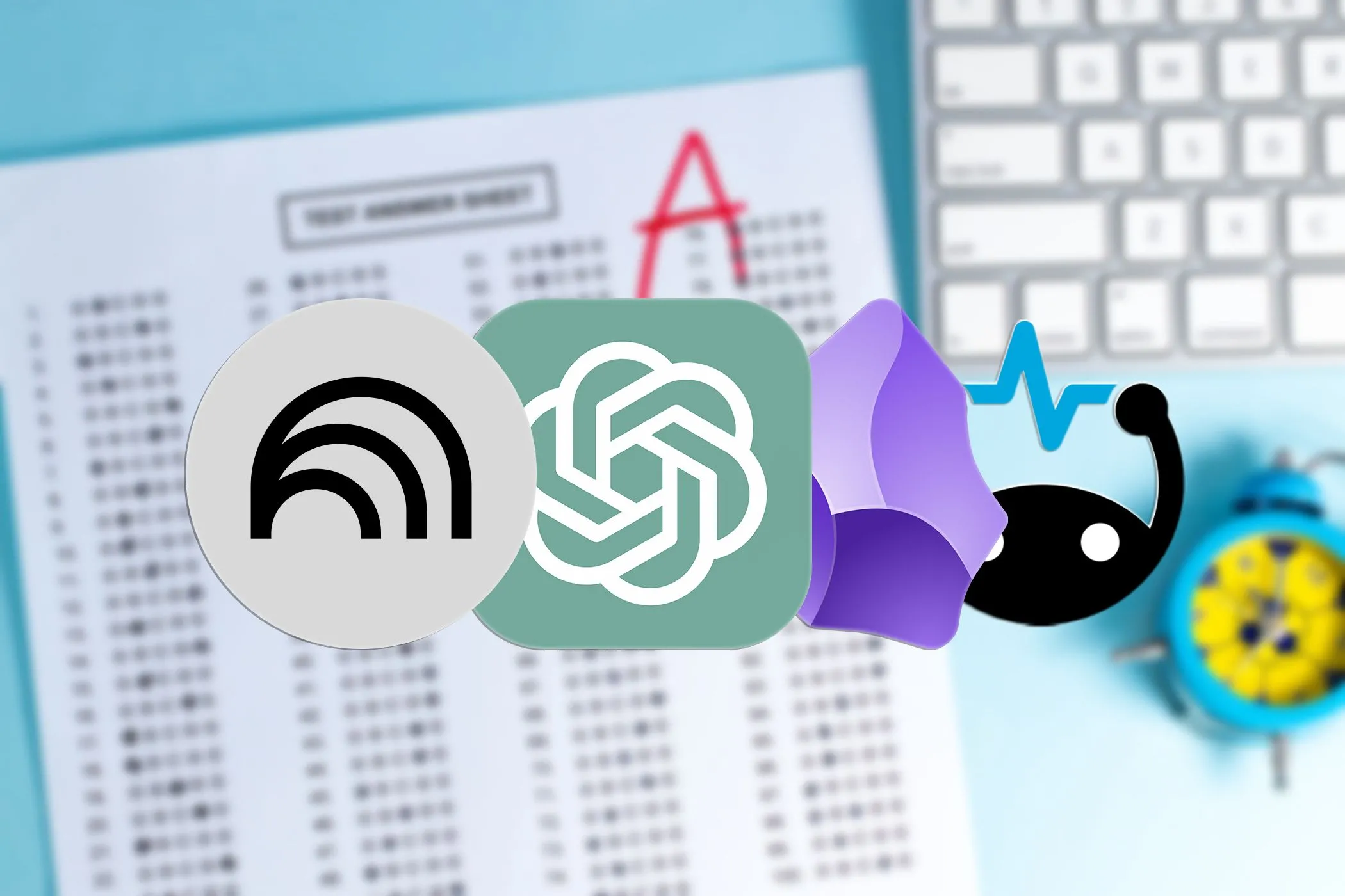 Minh họa các logo ChatGPT, NotebookLM, Obsidian và Brainscape trên nền bài kiểm tra, thể hiện công cụ hỗ trợ học tập