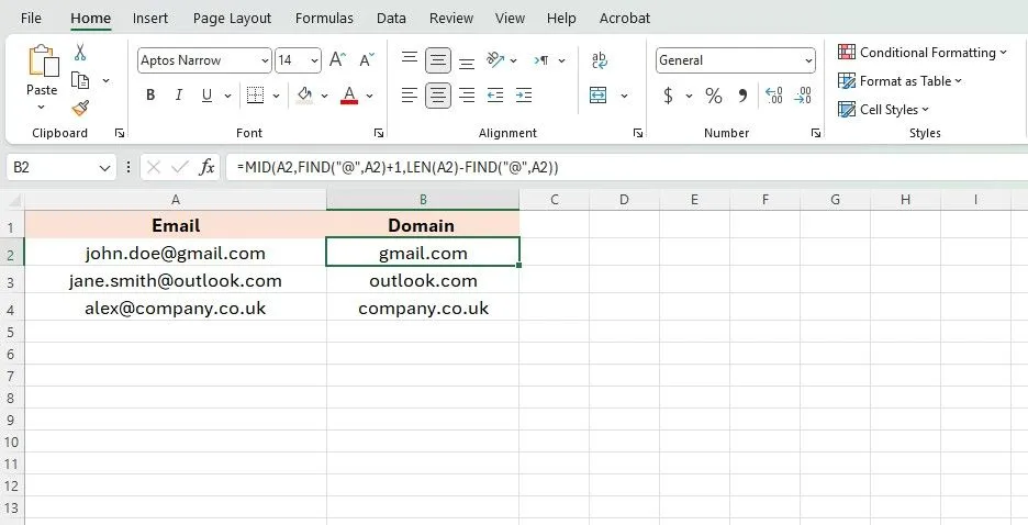 Minh họa công thức Excel phức tạp để trích xuất tên miền từ địa chỉ email.
