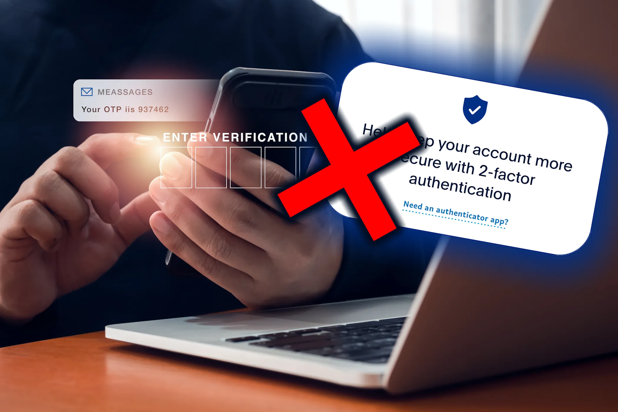Minh họa người dùng nhận mã xác thực hai yếu tố (2FA) qua SMS, nhấn mạnh tầm quan trọng của các phương pháp 2FA an toàn hơn để bảo vệ tài khoản WhatsApp.