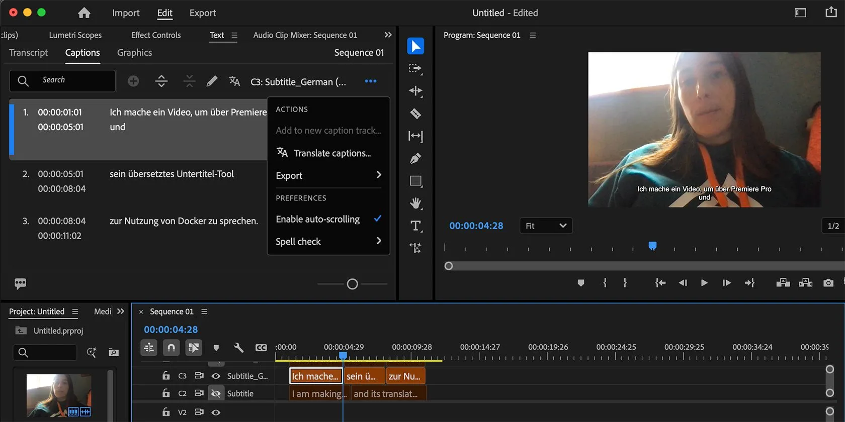 Minh họa tính năng dịch phụ đề đa ngôn ngữ bằng AI của Premiere Pro