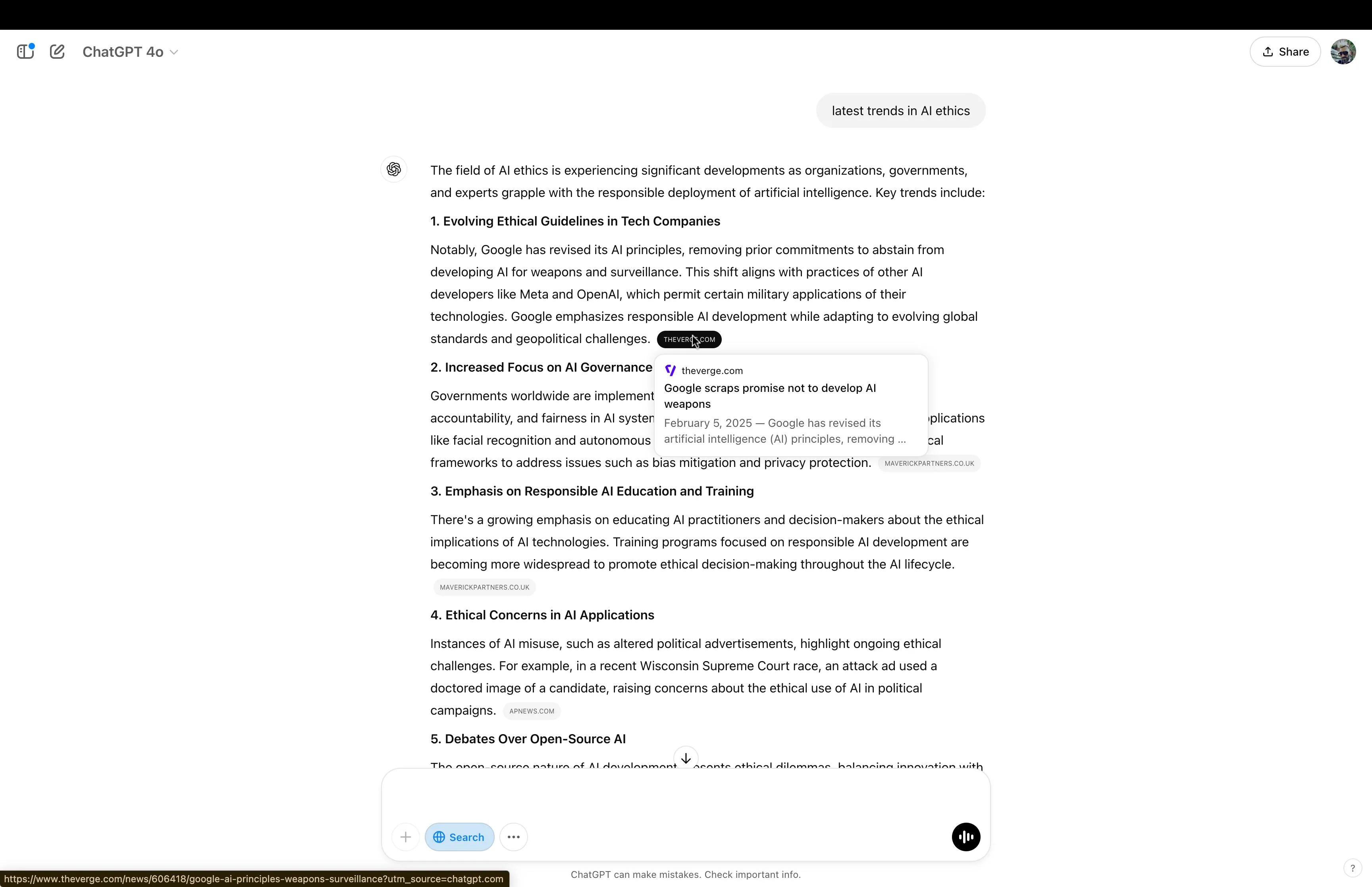 Mô tả giao diện ChatGPT với kết quả tìm kiếm "latest trends in AI ethics" và các trích dẫn nguồn uy tín.