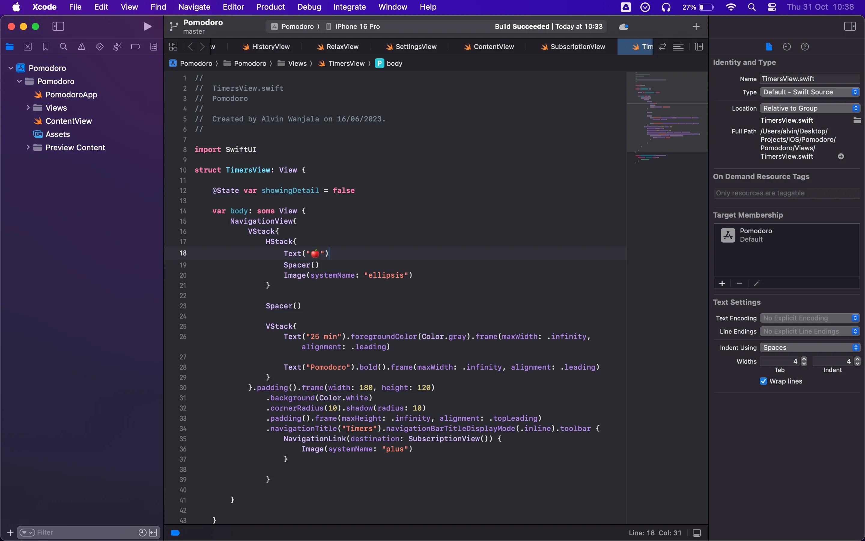 Môi trường phát triển tích hợp Xcode trên Mac, hiển thị mã lập trình và công cụ gỡ lỗi cho ứng dụng iOS/macOS.