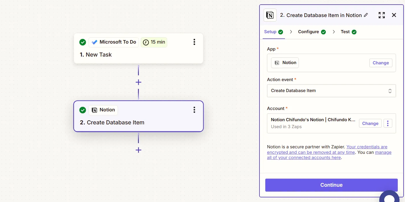Một Zapier Zap tự động tạo mục database mới trong Notion khi có nhiệm vụ mới được tạo trong Microsoft To Do.