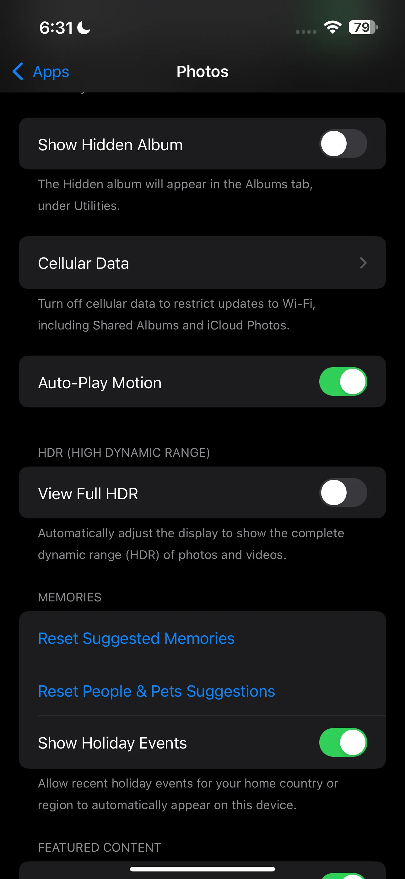 Mục cài đặt ứng dụng Ảnh trong Cài đặt iPhone để ẩn album