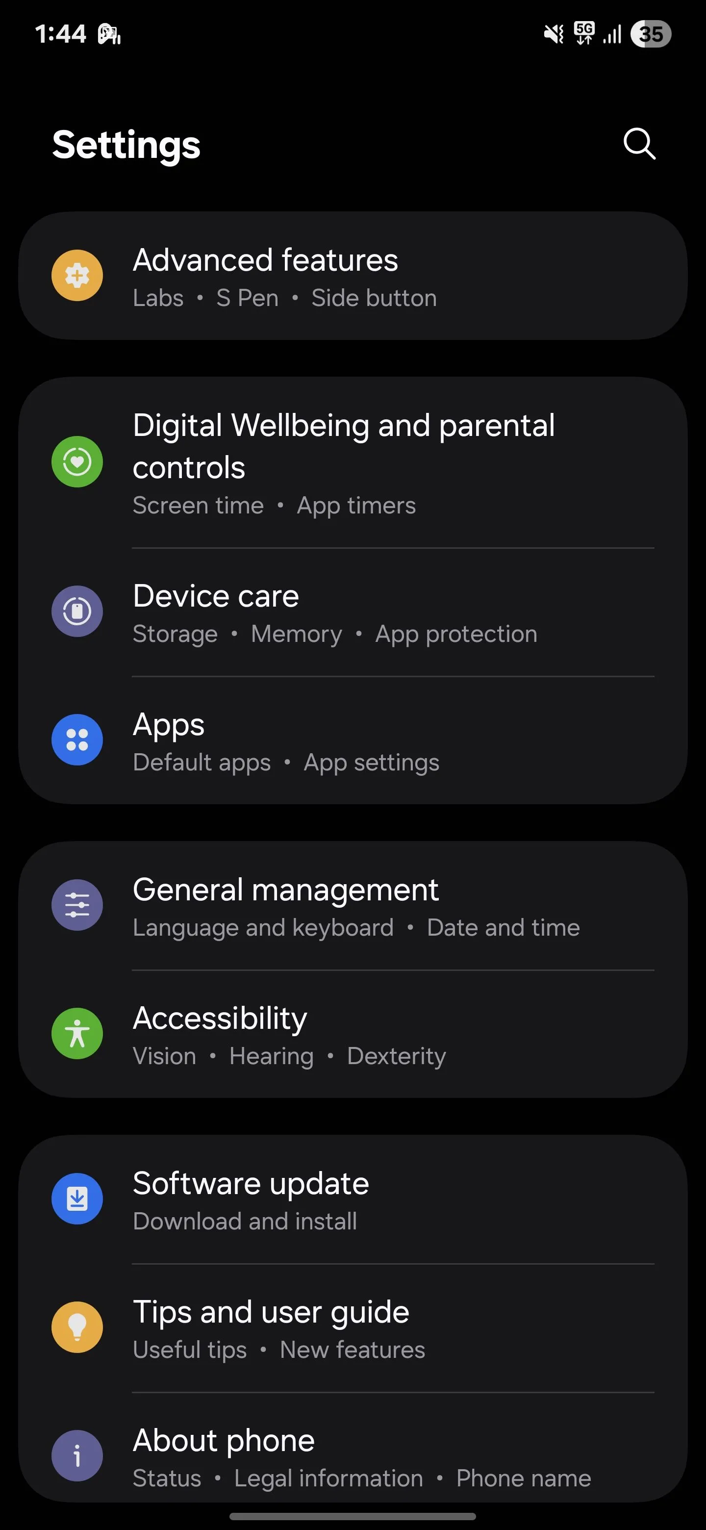 Mục Chăm sóc thiết bị (Device care) trong cài đặt Samsung