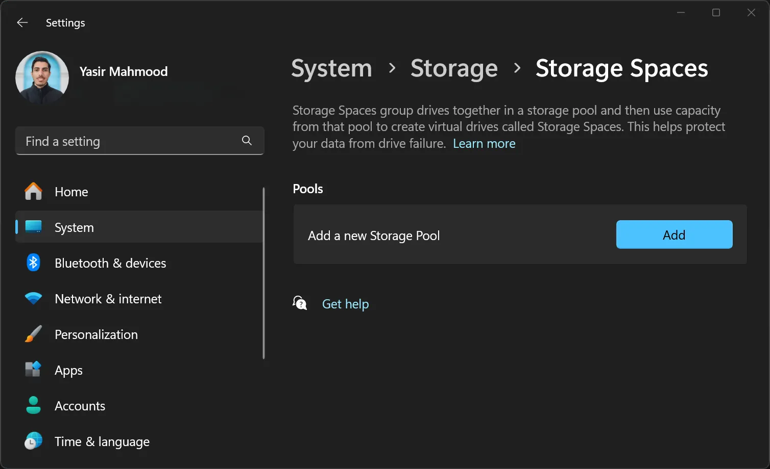 New storage pool option in Windows storage spaces.