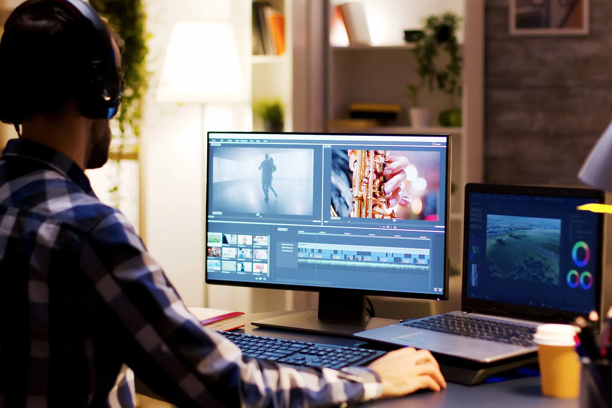 Người đàn ông đang chỉnh sửa video trên máy tính với màn hình độ phân giải cao, nhấn mạnh chất lượng hình ảnh sắc nét cần thiết cho các tác vụ đòi hỏi chi tiết.
