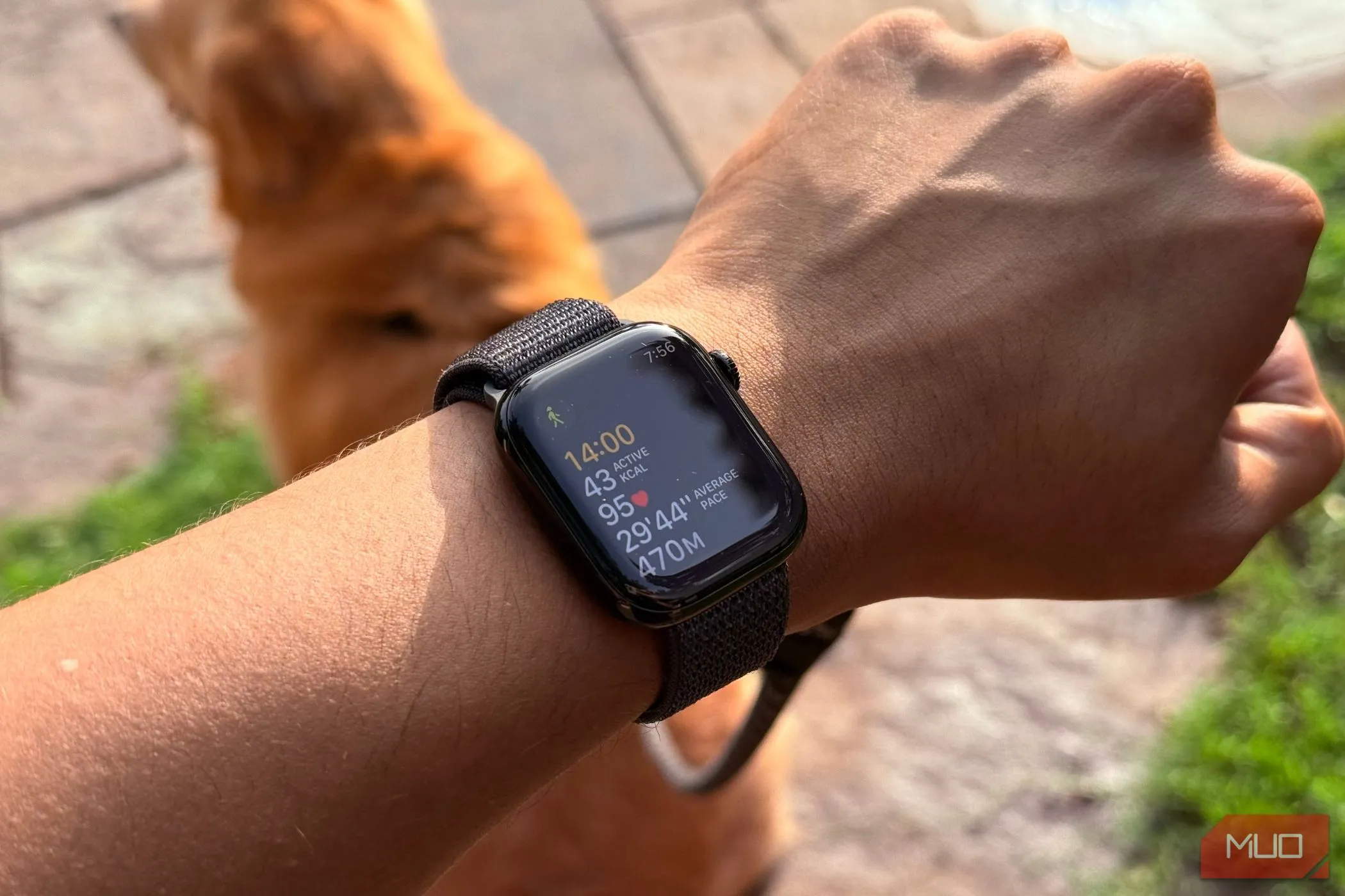 Người đàn ông đeo Apple Watch hiển thị ứng dụng tập luyện với số liệu thống kê trên cổ tay