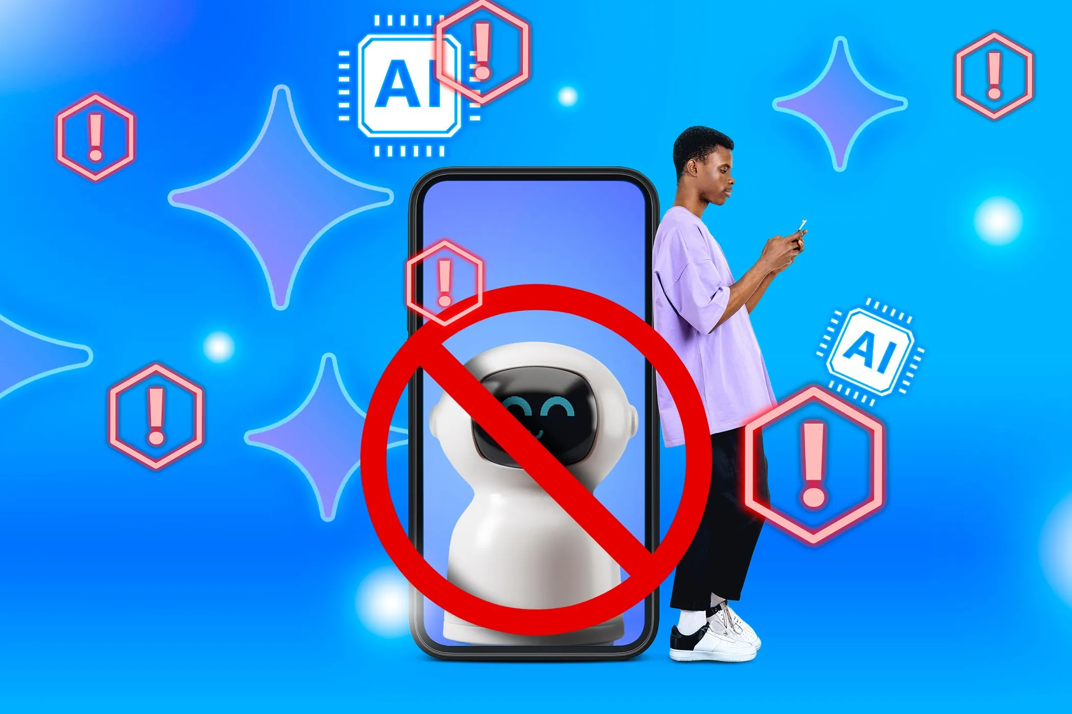 Người đàn ông tương tác với điện thoại, biểu tượng robot AI bị cấm, minh họa những hạn chế và thách thức của AI Agents