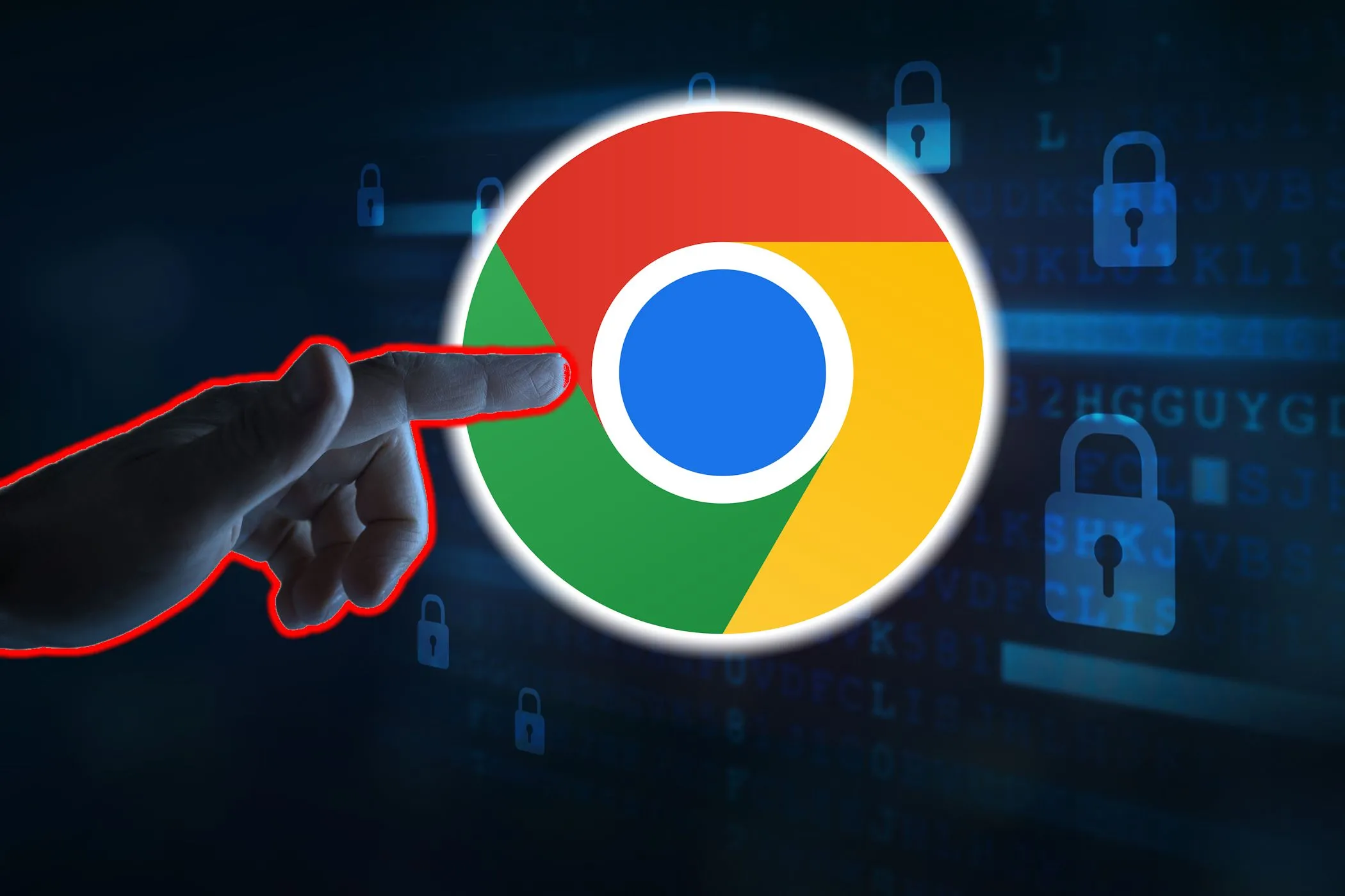 Người dùng chỉ vào logo Google Chrome, biểu tượng cho việc duyệt web và các nguy cơ lừa đảo AI.