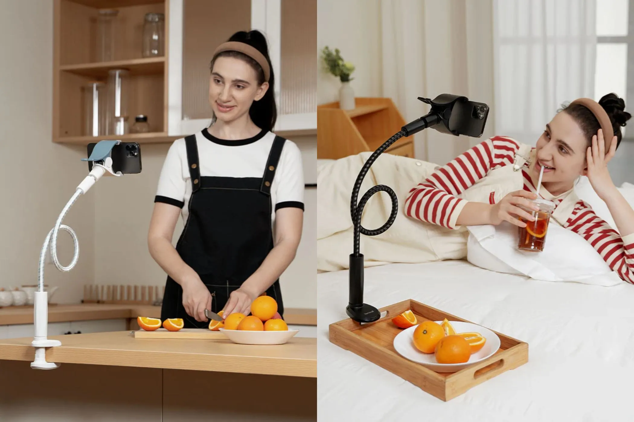 Người dùng đang sử dụng giá đỡ điện thoại cổ ngỗng Lamicall để xem video rảnh tay khi nấu ăn và nằm thư giãn, minh họa tính linh hoạt của phụ kiện