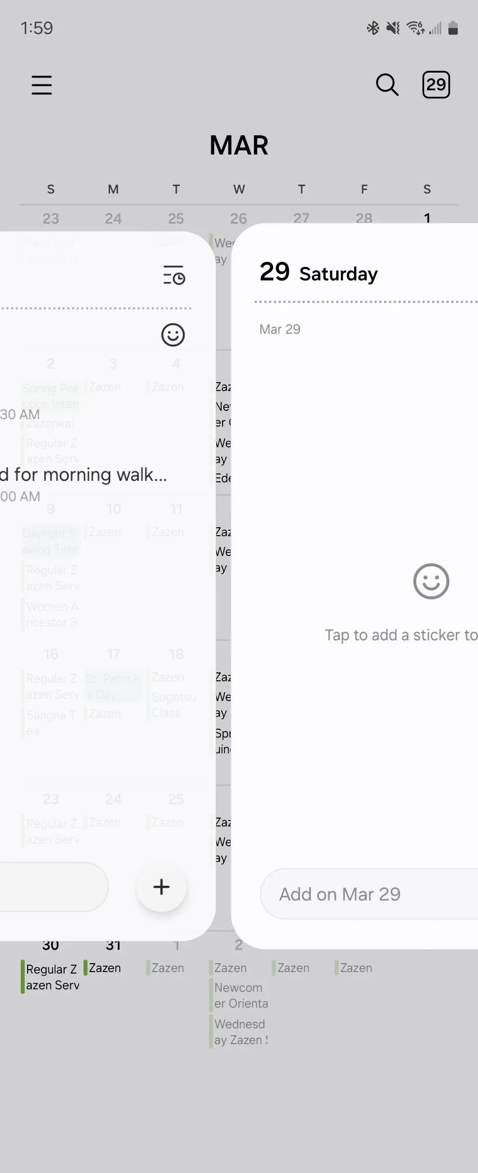 Người dùng vuốt giữa các sự kiện trong chế độ xem ngày của Samsung Calendar