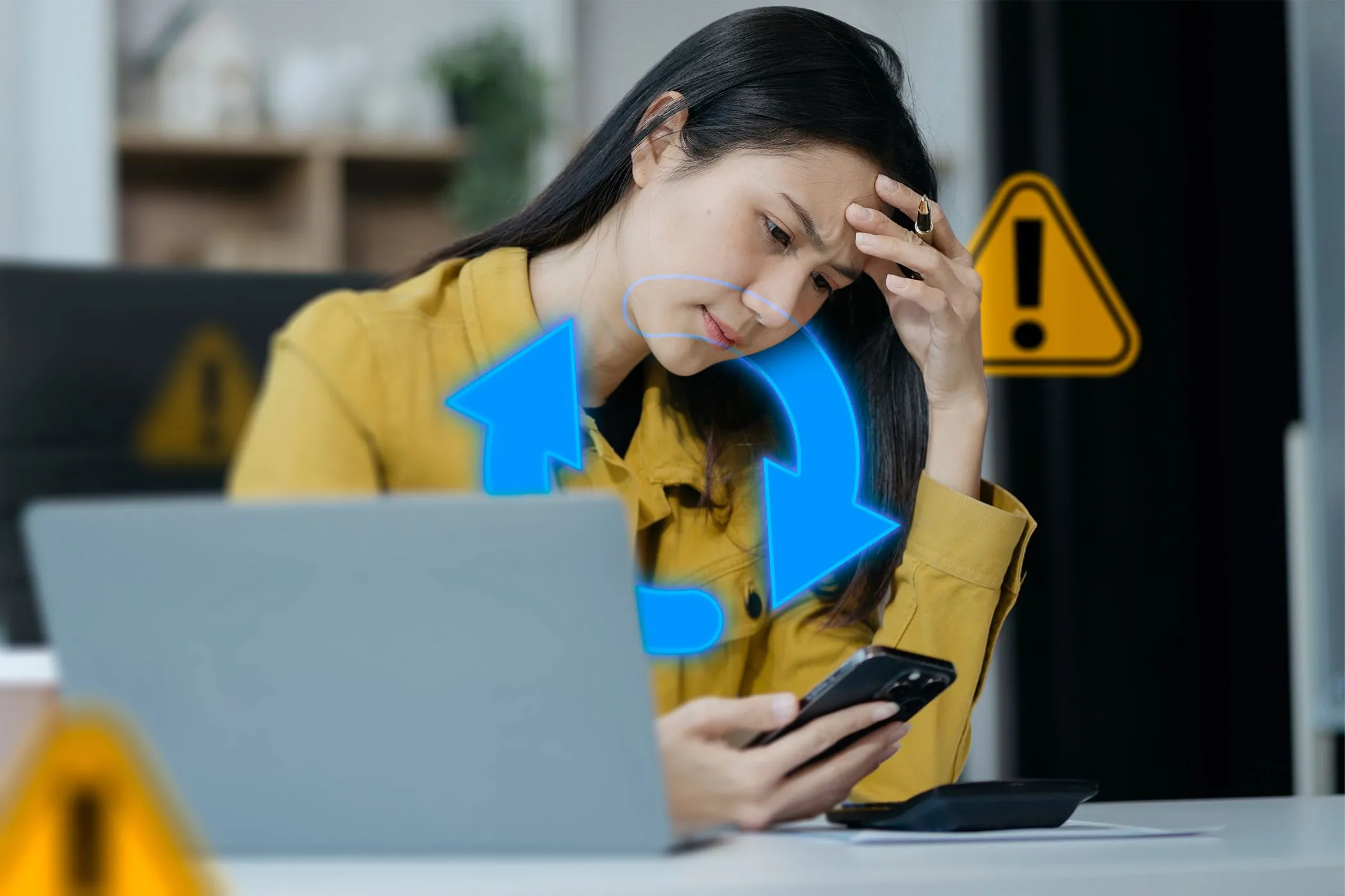 Người phụ nữ lo lắng nhìn điện thoại, laptop và biểu tượng đồng bộ hóa