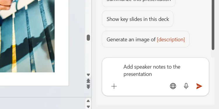 Nhập câu lệnh &quot;Add speaker notes to the presentation&quot; vào ô chat của Copilot để yêu cầu AI tạo ghi chú diễn giả cho các slide trong PowerPoint.
