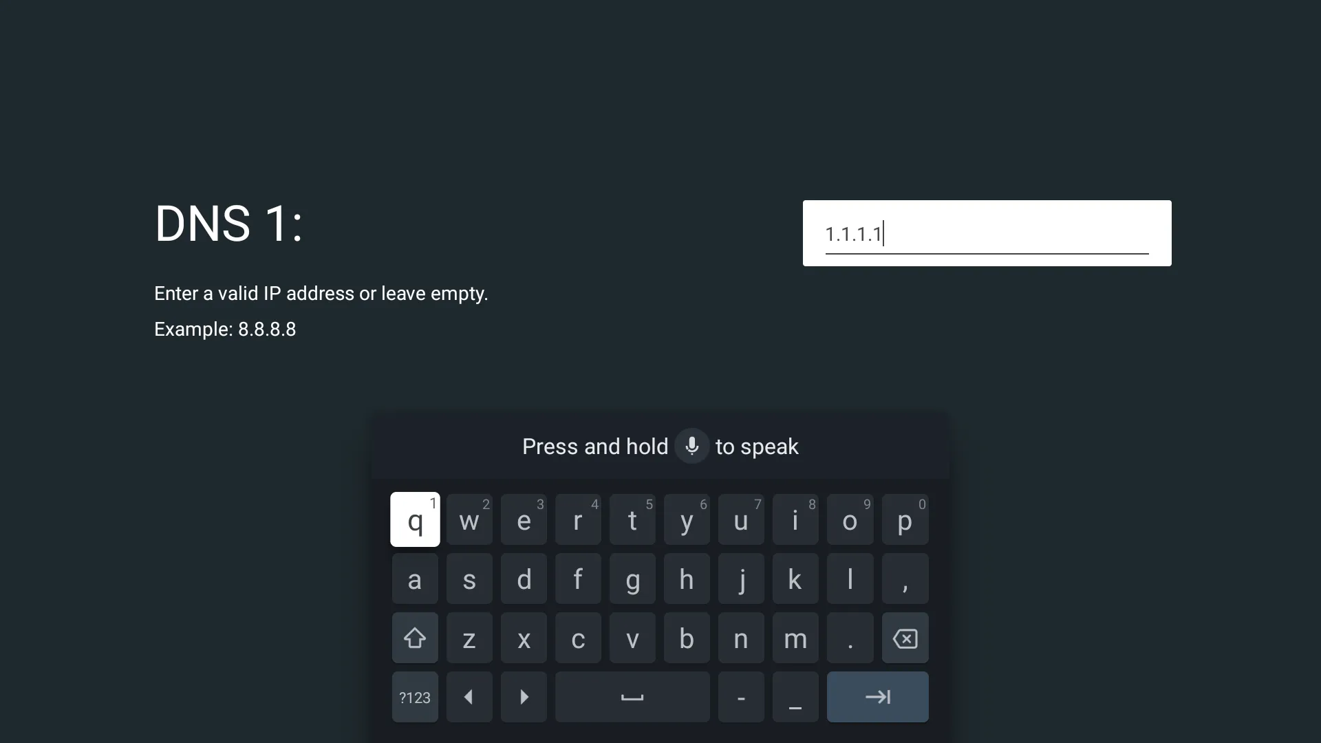Nhập địa chỉ DNS Cloudflare 1.1.1.1 vào cài đặt mạng của Smart TV