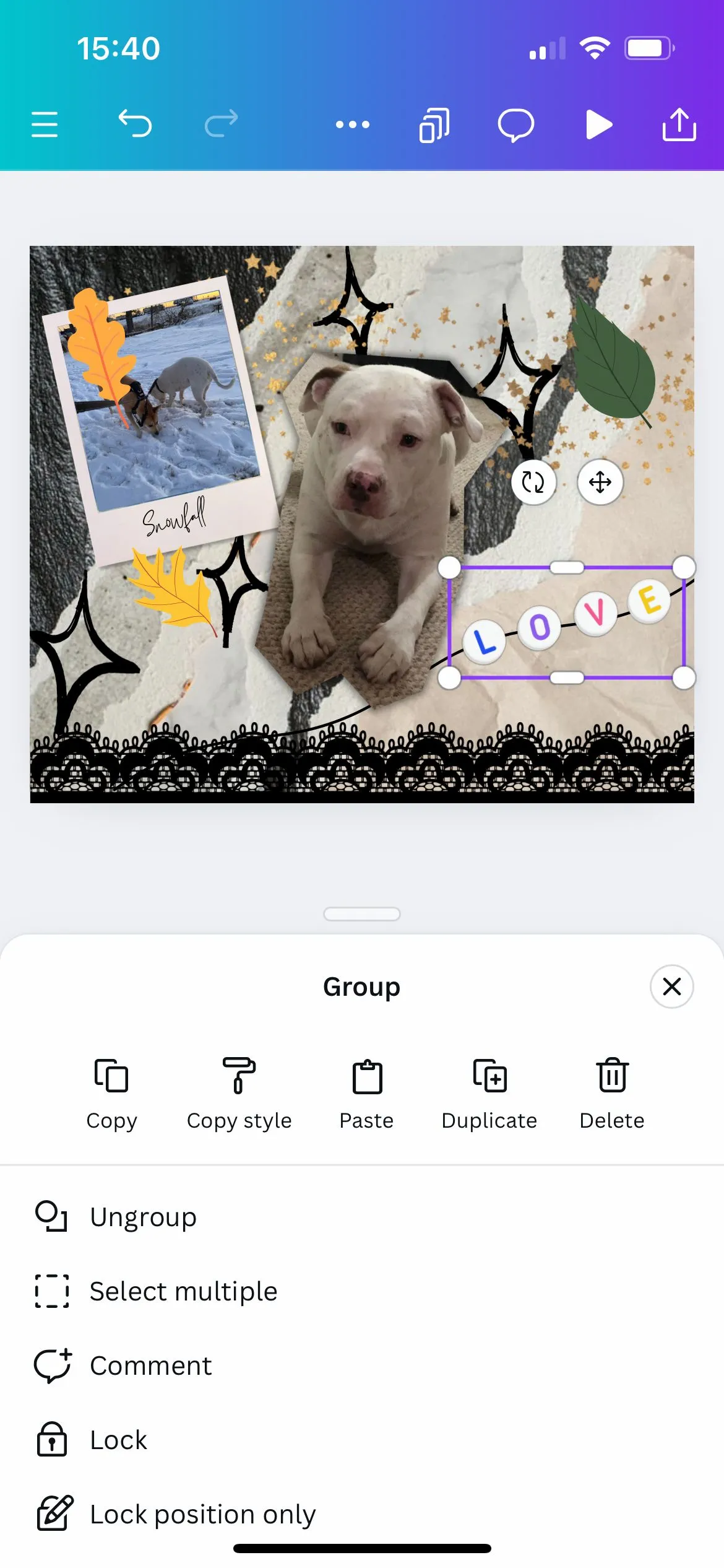 Nút Bỏ nhóm (Ungroup) trong menu của ứng dụng Canva