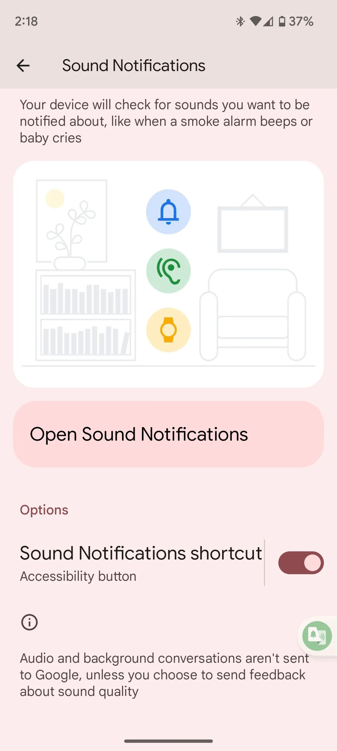 Nút kích hoạt tính năng thông báo âm thanh (Sound Notifications) trên Android.