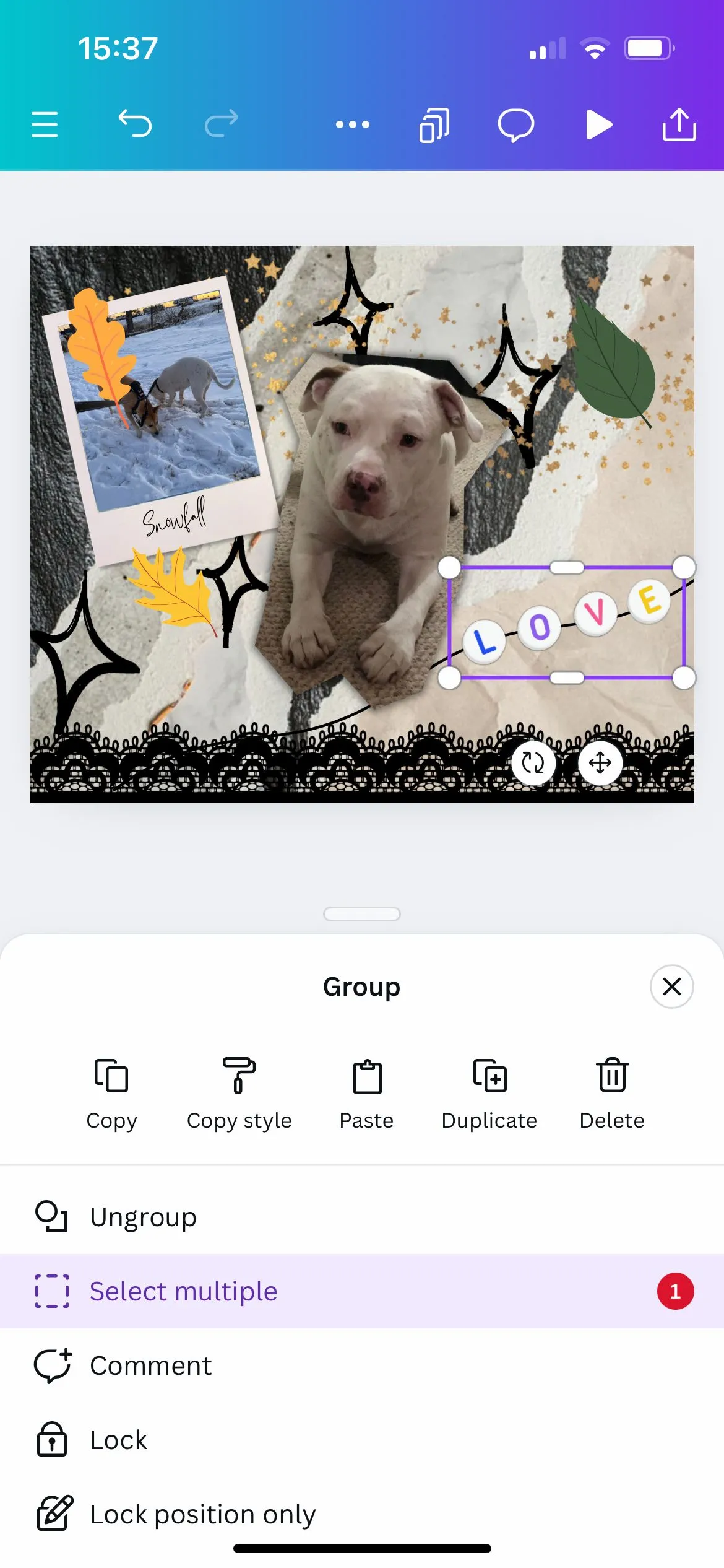 Nút Nhóm (Group) trong menu của ứng dụng Canva