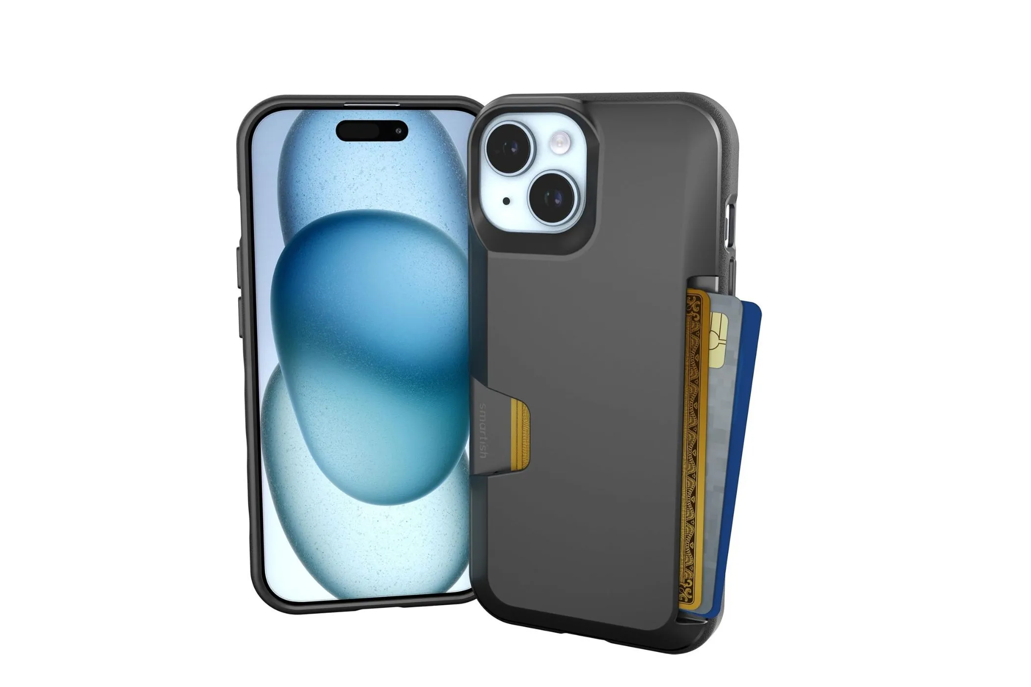 Ốp lưng iPhone tích hợp ví Smartish Wallet Slayer trên bề mặt gỗ