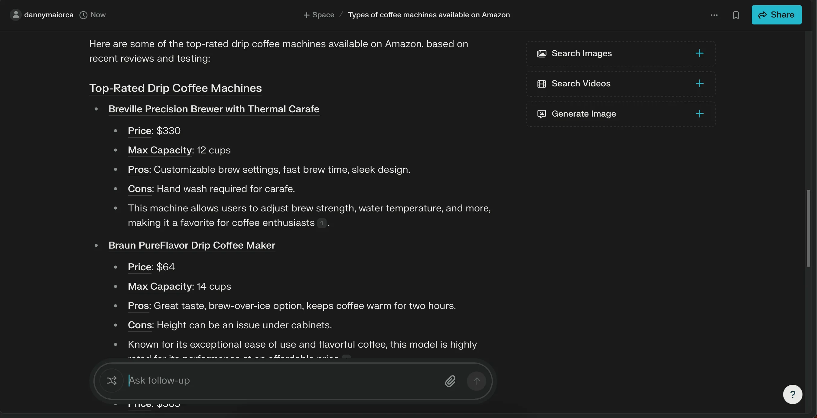 Perplexity AI liệt kê các mẫu máy pha cà phê nhỏ giọt (drip coffee maker) tốt nhất trên Amazon
