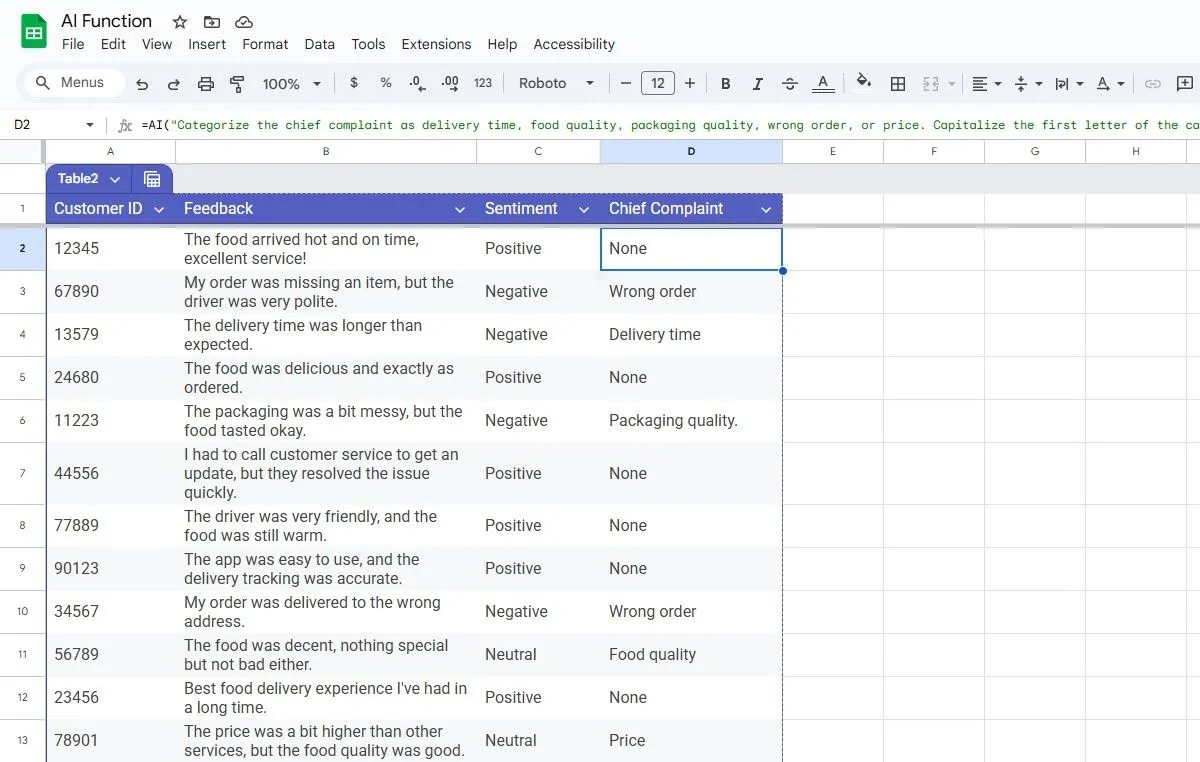 Phân loại chủ đề và cảm xúc phản hồi khách hàng tự động với chuỗi hàm AI trong Google Sheets.