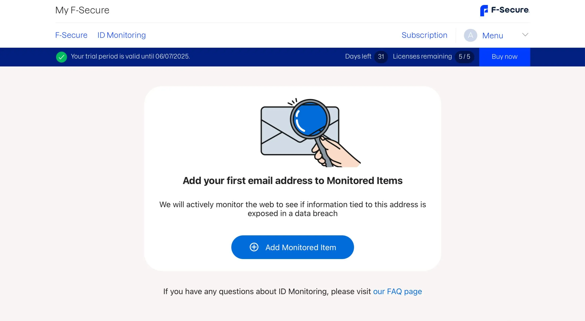 Phần thiết lập giám sát ID trong F-Secure ID Protection, cho phép thêm địa chỉ email để theo dõi dữ liệu rò rỉ