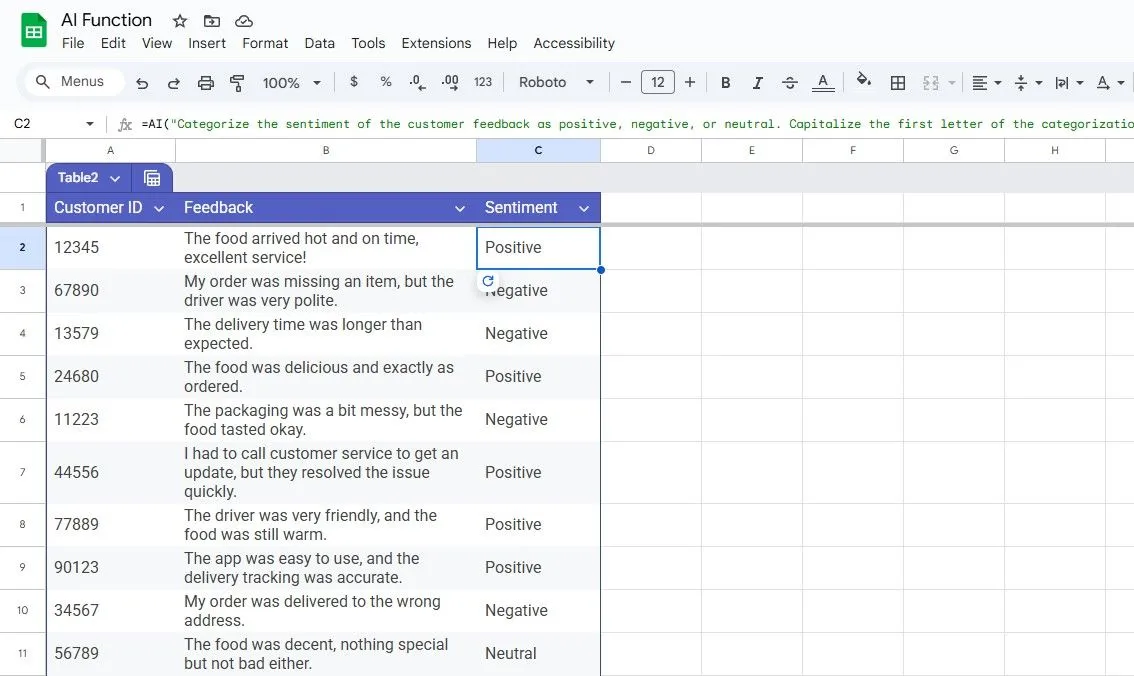 Phân tích cảm xúc của phản hồi khách hàng trực tiếp trong Google Sheets bằng hàm AI().