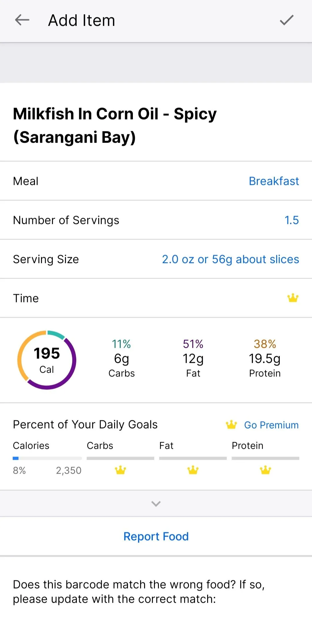 Phân tích macro và khẩu phần cá trong MyFitnessPal
