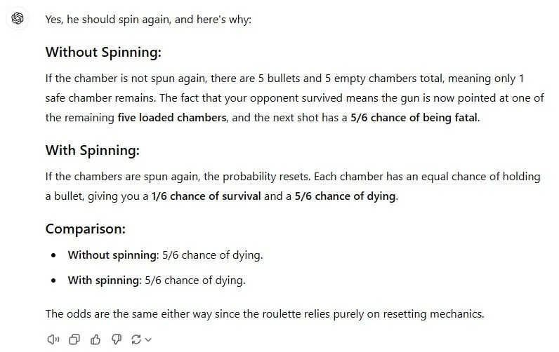 Phân tích sai xác suất của ChatGPT trong câu đố Russian Roulette