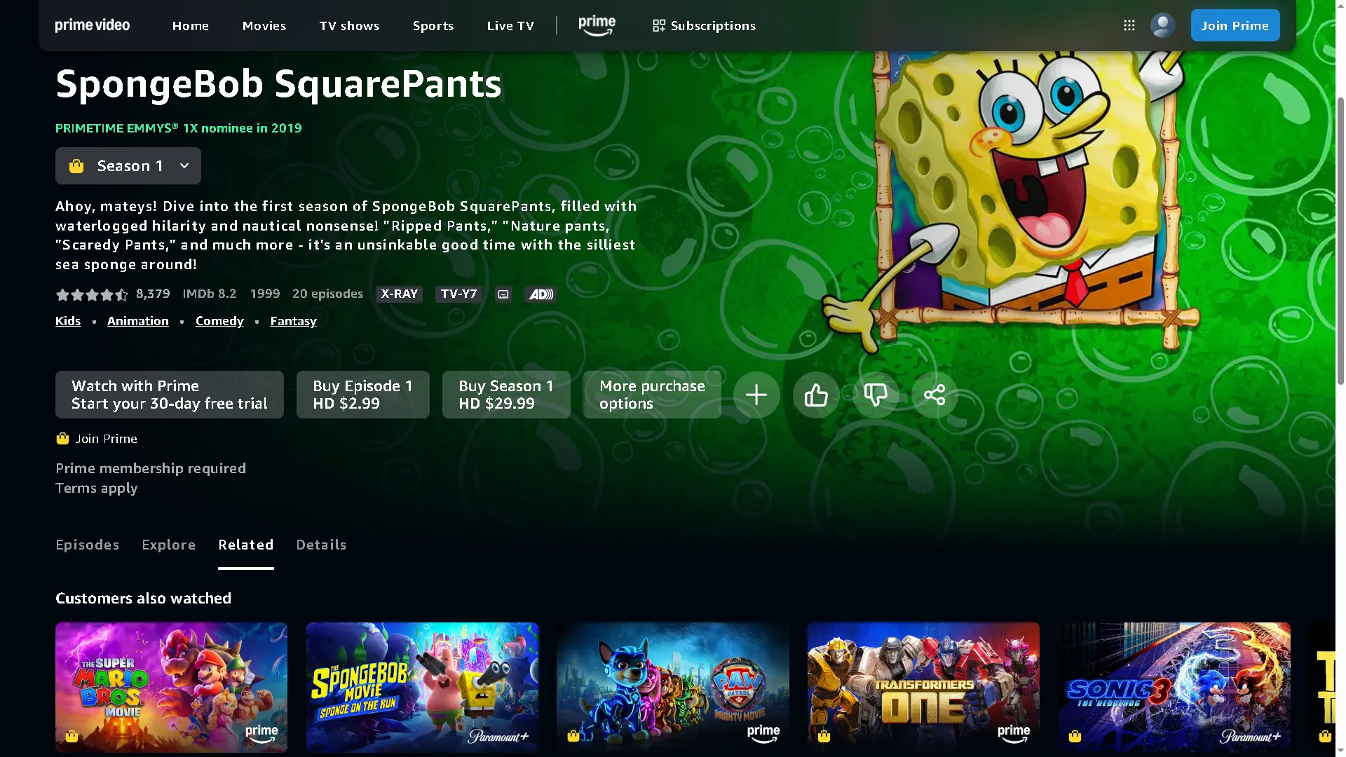 Phim hoạt hình SpongeBob trên Amazon Prime Video với các chương trình dành cho trẻ em