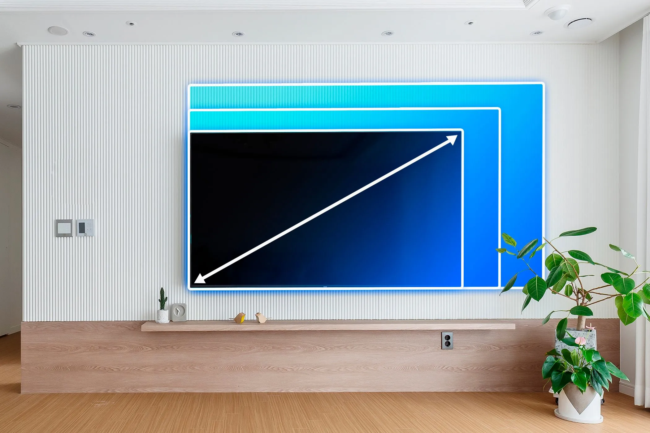 Phòng khách với TV và các đường kẻ minh họa kích thước TV tối ưu theo khoảng cách xem