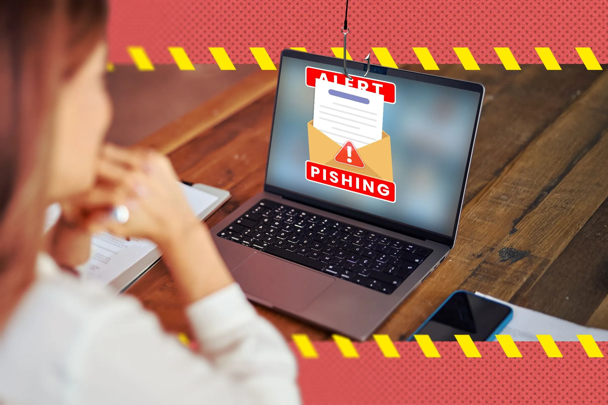 Phụ nữ đang kiểm tra email lừa đảo (phishing) trên laptop, cảnh báo về tấn công mạng bằng AI.