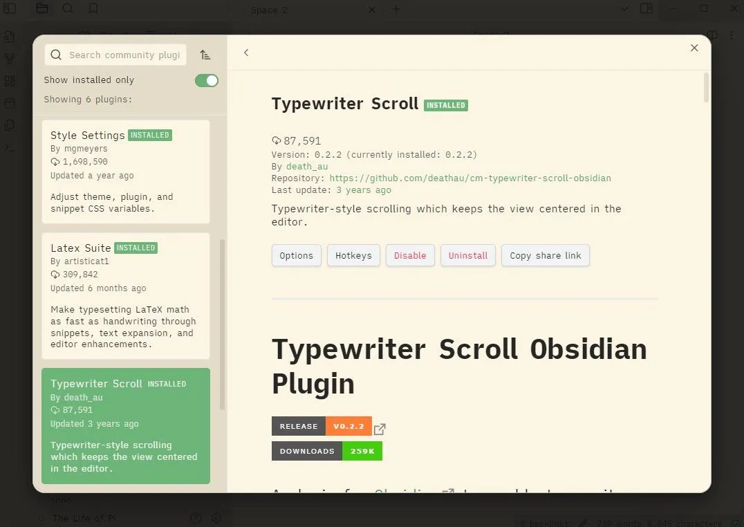 Plugin Typewriter Scroll đang hoạt động trong Obsidian, giữ dòng chữ ở trung tâm