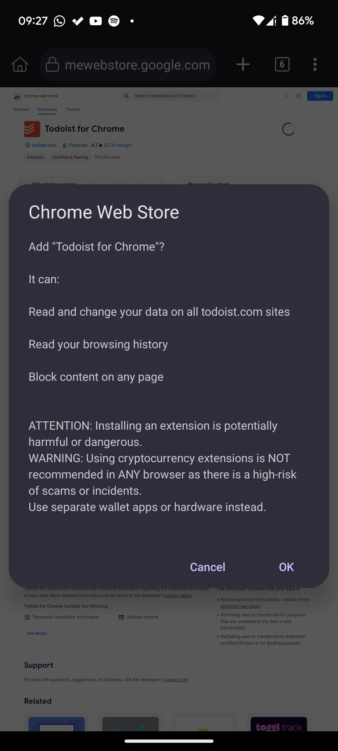 Quá trình cài đặt tiện ích mở rộng Todoist từ Chrome Web Store trên Kiwi Browser Android.