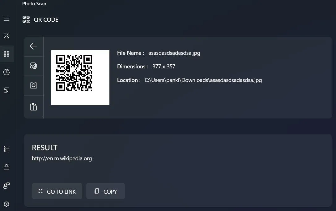 Quét mã QR bằng ứng dụng Photo Scan trên máy tính Windows, hiển thị kết quả quét