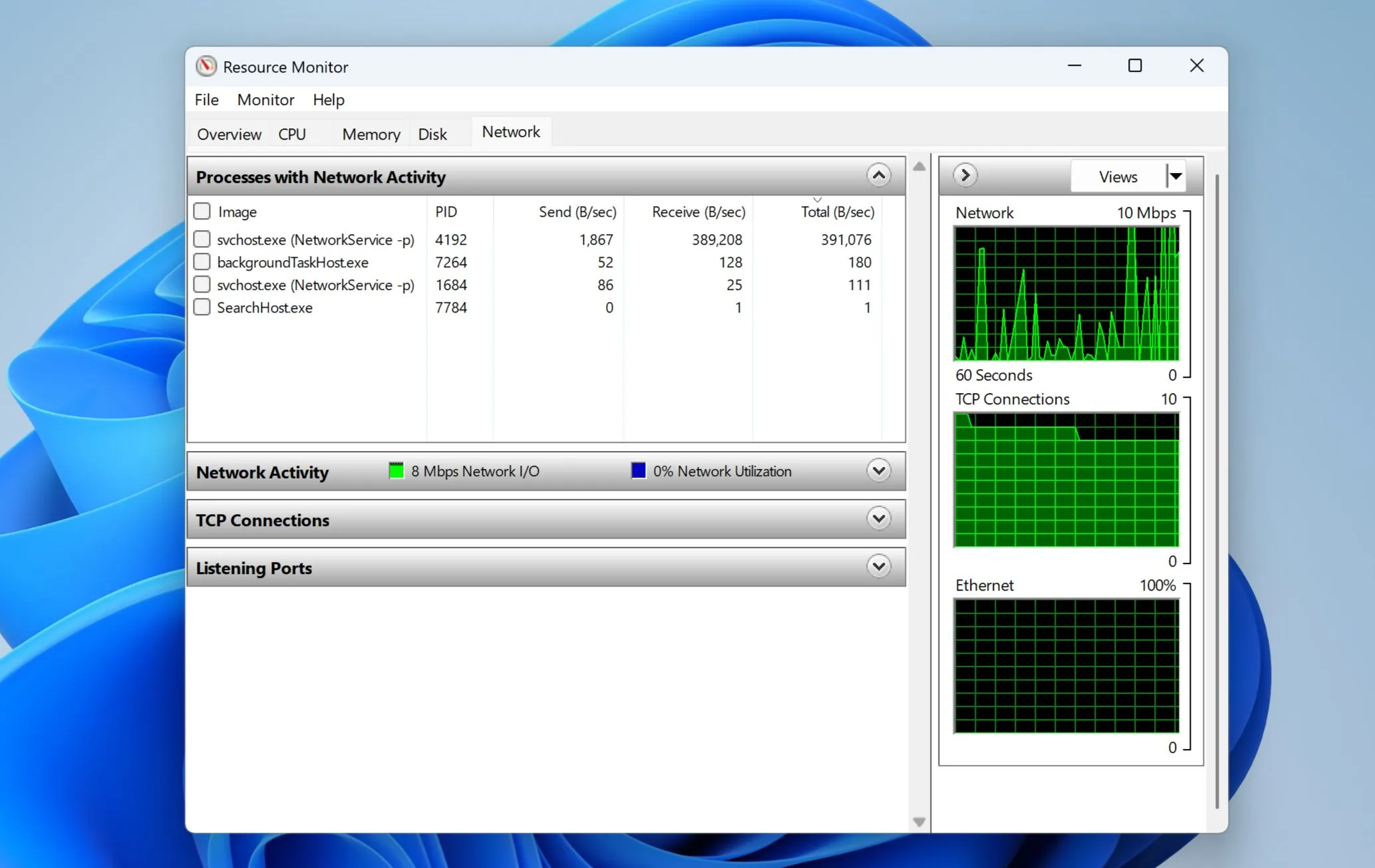 Resource Monitor trên Windows 11 hiển thị mức sử dụng mạng