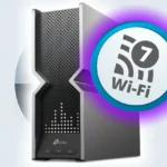 Router Wi-Fi 7 TP-Link với logo chuẩn Wi-Fi 7, biểu tượng cho khả năng kết nối đa băng tần MLO nâng cao.