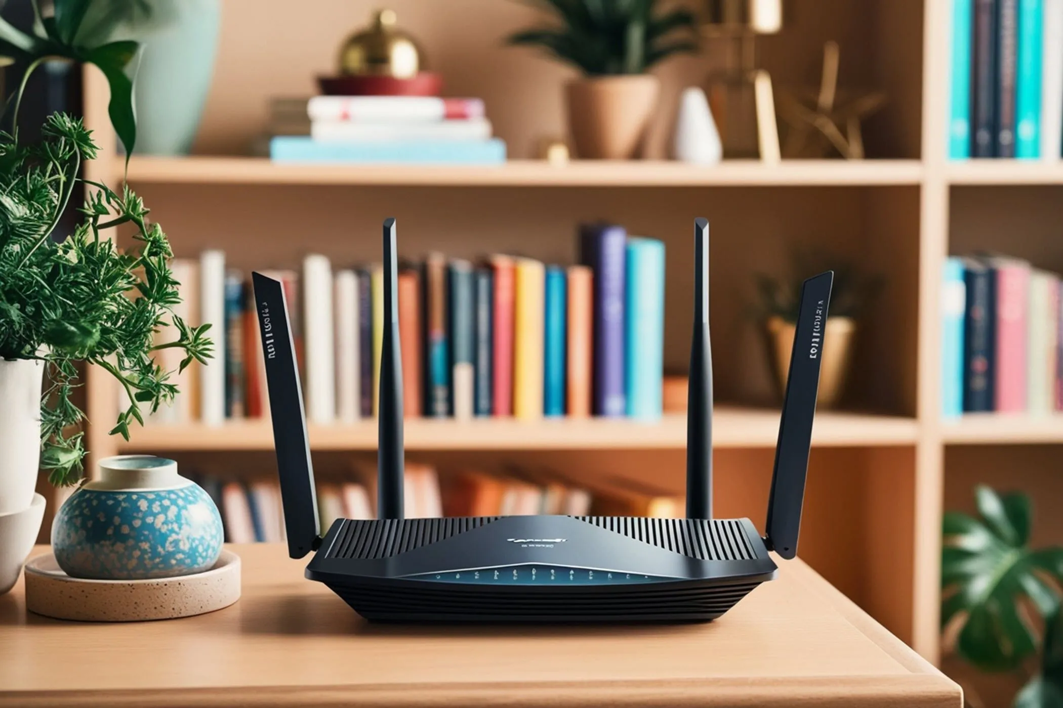 Router Wi-Fi trên bàn với 4 ăng-ten, gần giá sách, biểu tượng cho vị trí tối ưu