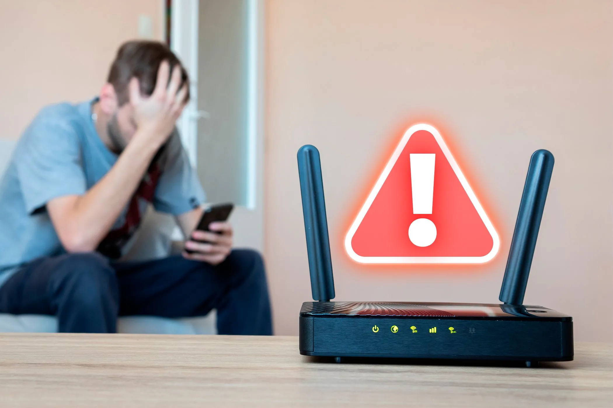 Router Wi-Fi với biểu tượng cảnh báo và người dùng đang bực bội phía sau do mất kết nối