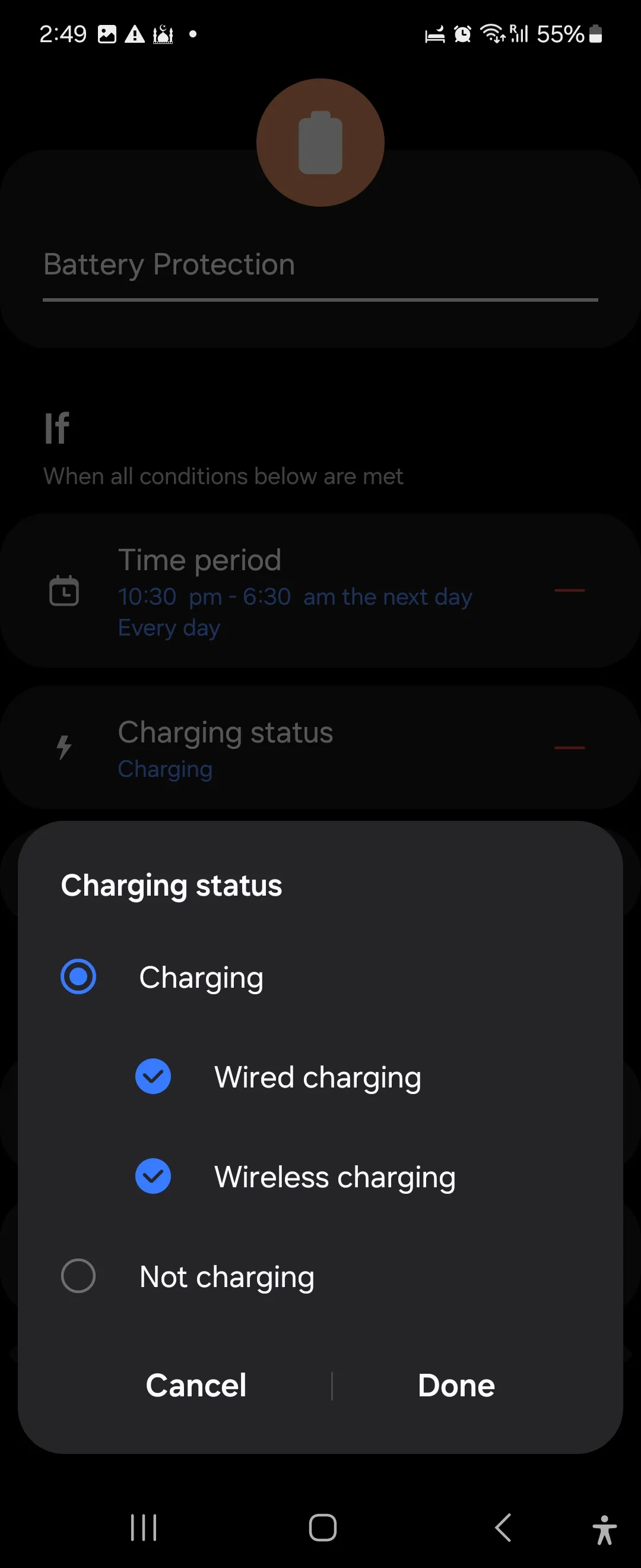 Routine bảo vệ pin trong ứng dụng Samsung Modes and Routines