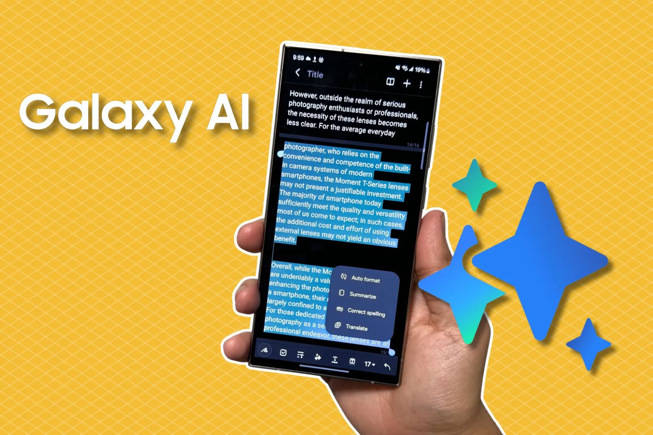 Samsung Galaxy S24 Ultra hiển thị biểu tượng Galaxy AI nổi bật trên nền vàng