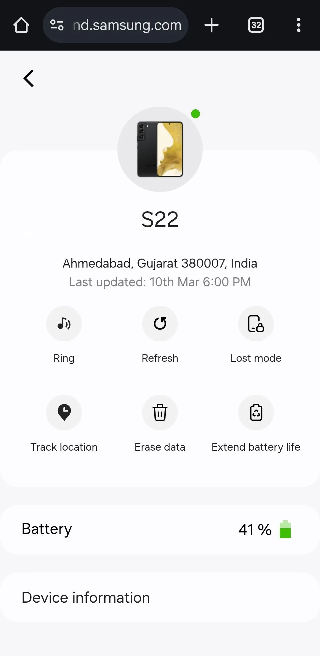 SmartThings Find của Samsung hiển thị các tùy chọn trong trình duyệt Android