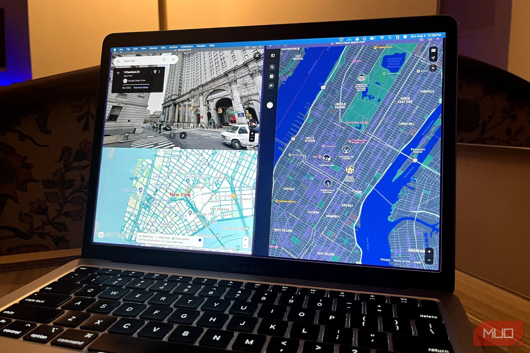 So sánh trực quan giao diện Google Maps và Apple Maps khi mở đồng thời trên trình duyệt MacBook Air.
