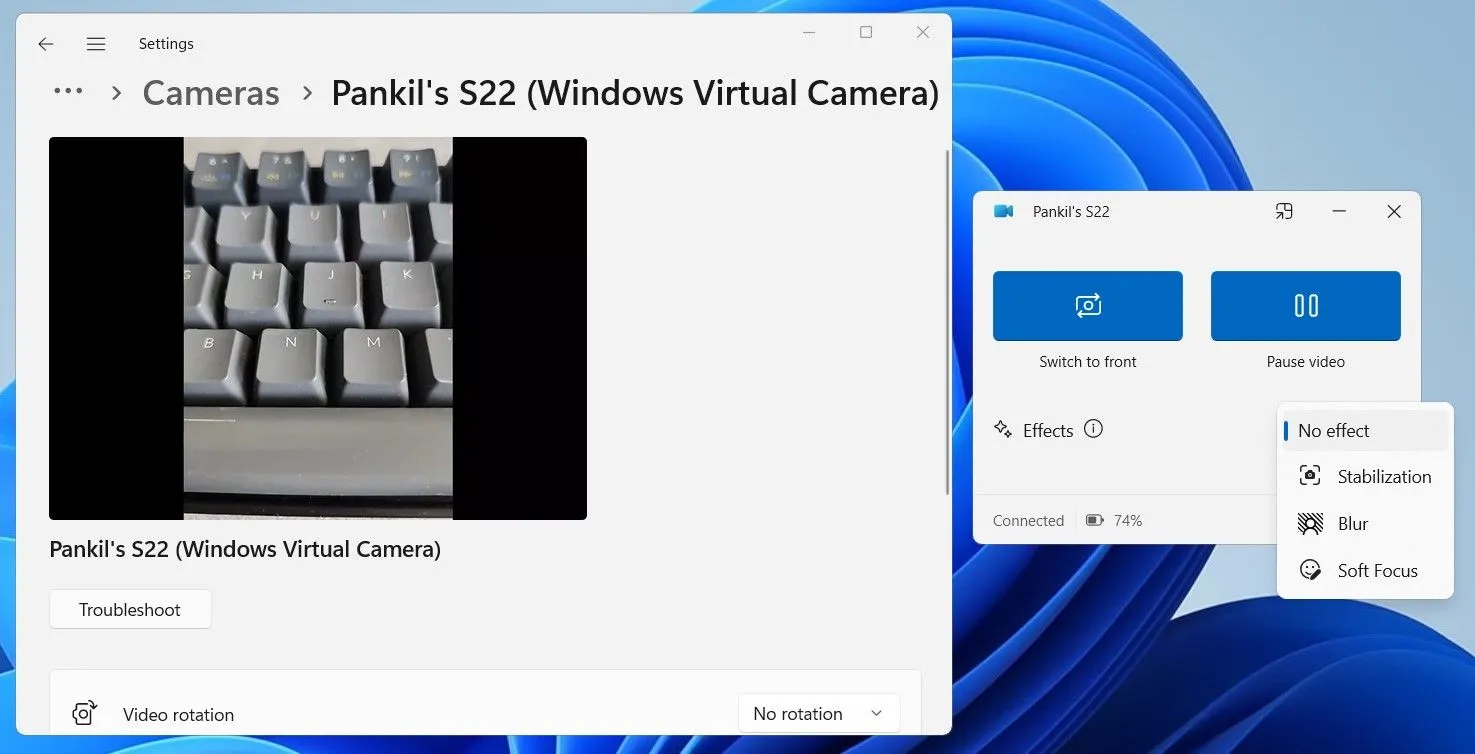 Sử dụng điện thoại Android làm webcam cho Windows 11 qua ứng dụng Phone Link.