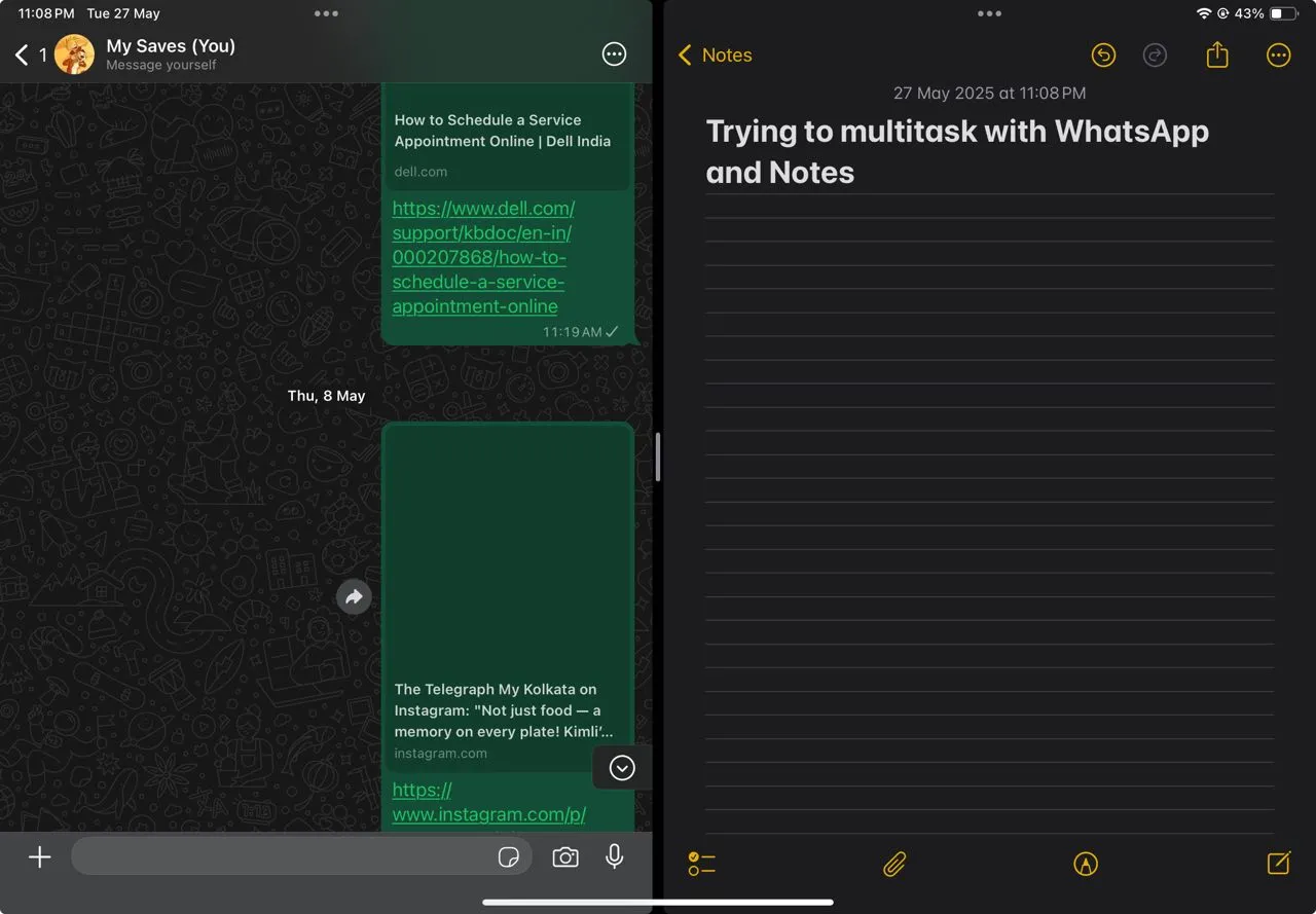 Sử dụng WhatsApp trên iPad với tính năng Split View, hiển thị khả năng đa nhiệm của ứng dụng