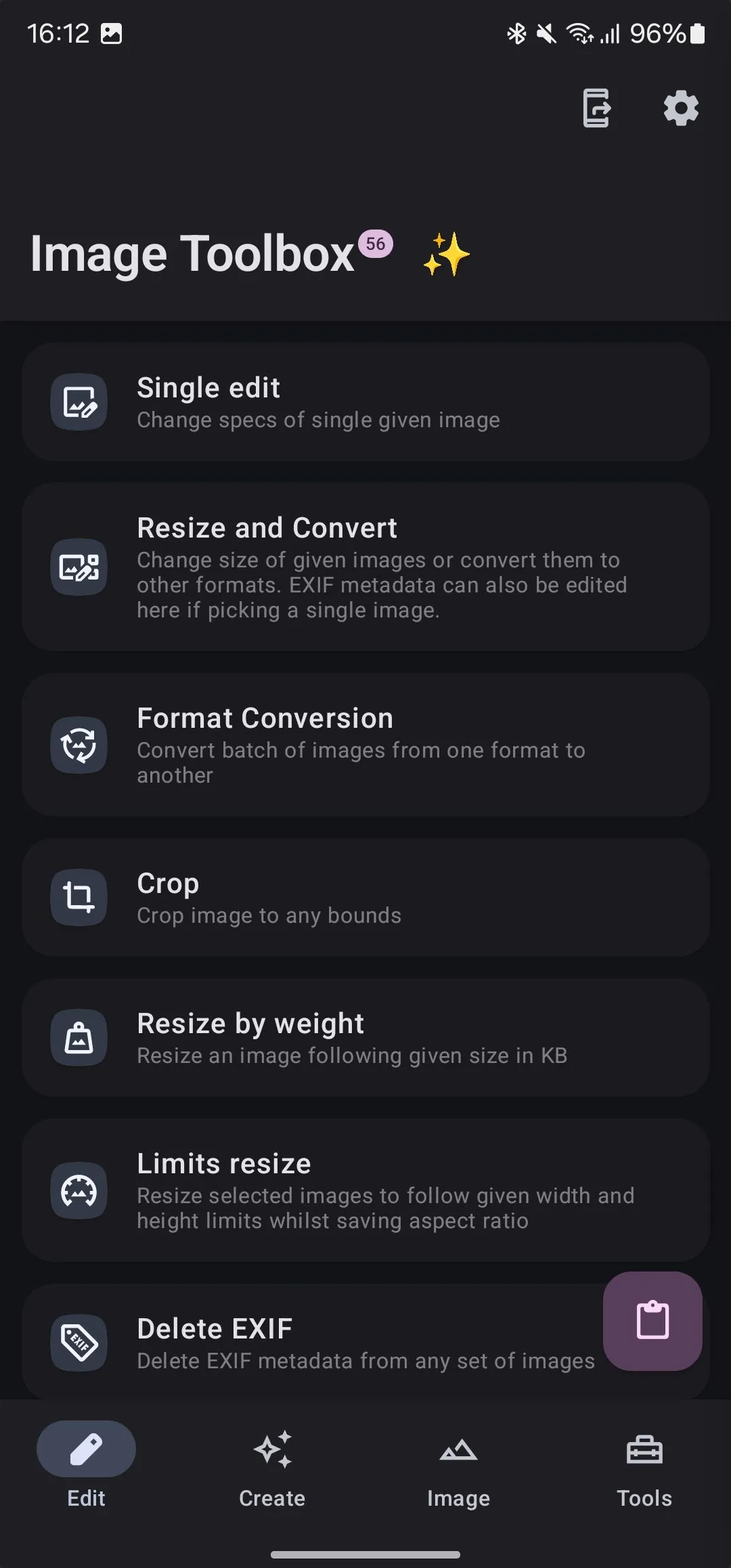 Tab Chỉnh sửa của ứng dụng Image Toolbox cung cấp các tùy chọn chỉnh sửa hình ảnh