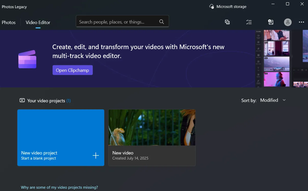 Tab chỉnh sửa video của ứng dụng Windows Photos Legacy