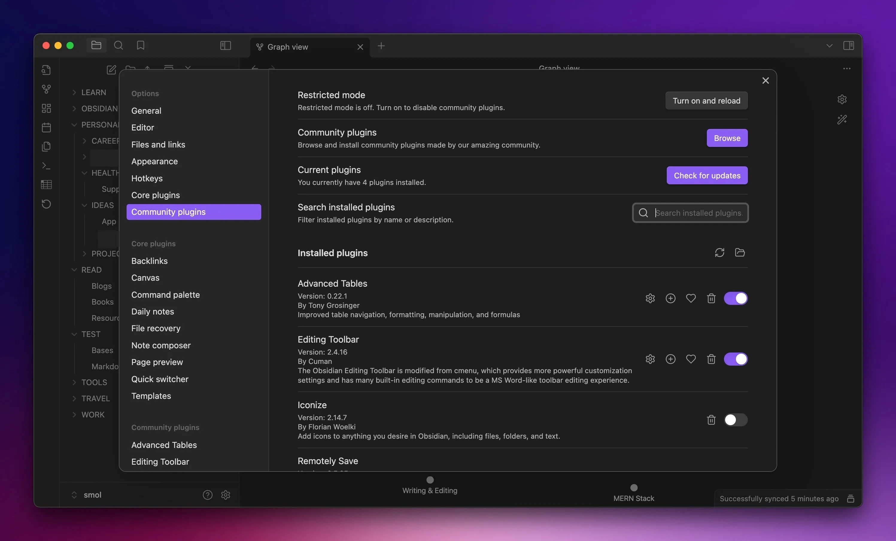 Tab Community Plugins trong Obsidian trên Mac