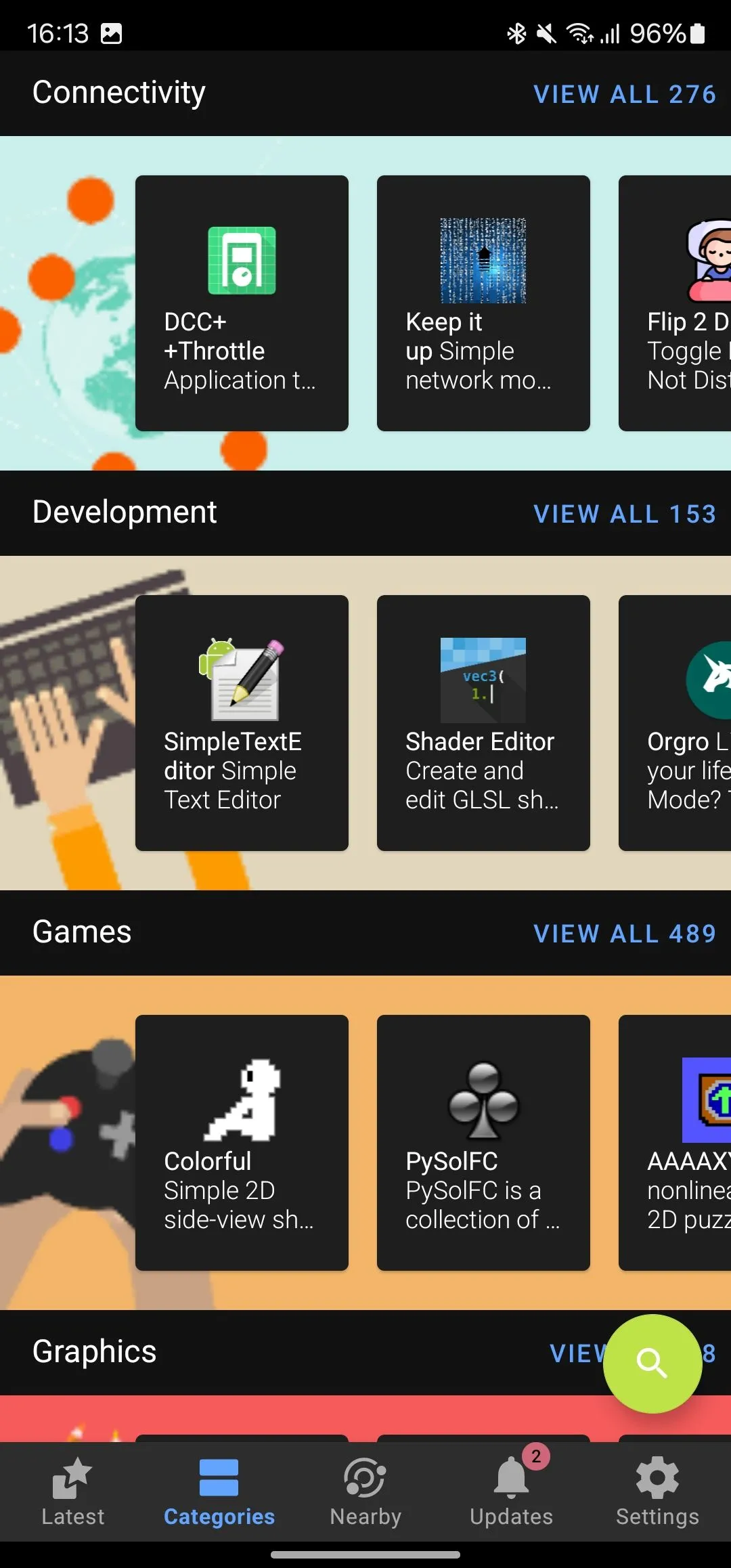 Tab Danh mục của ứng dụng F-Droid giúp người dùng khám phá các ứng dụng mã nguồn mở theo từng chủ đề